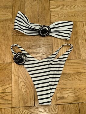SAME Black & White Striped Bikini with Rose Accents